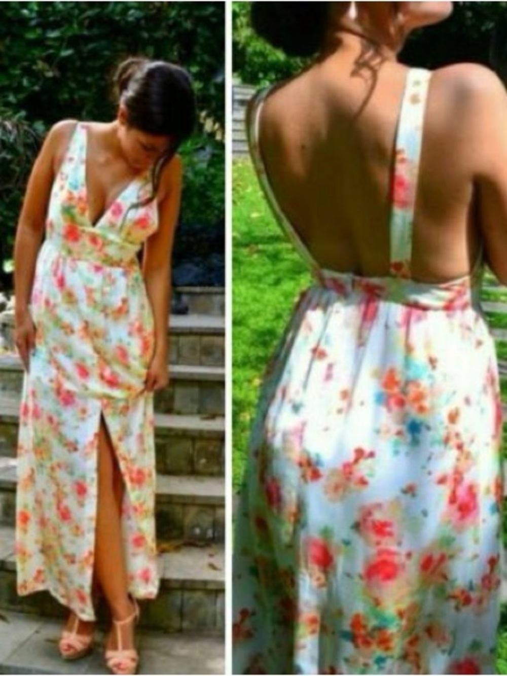 Zara Floral Print Satin Maxi Dress Front Slit V-Neck Sz S